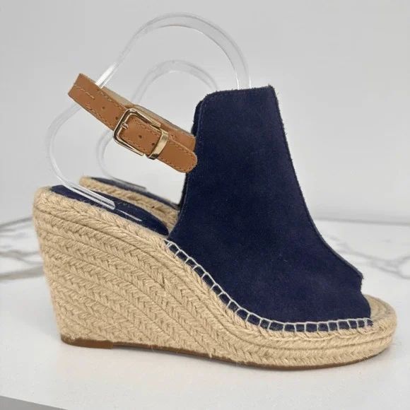 Seychelles Wedges Espadrille Sandals Suede Leather Size 8.5 Navy Blue Coastal Na - Picture 4 of 11